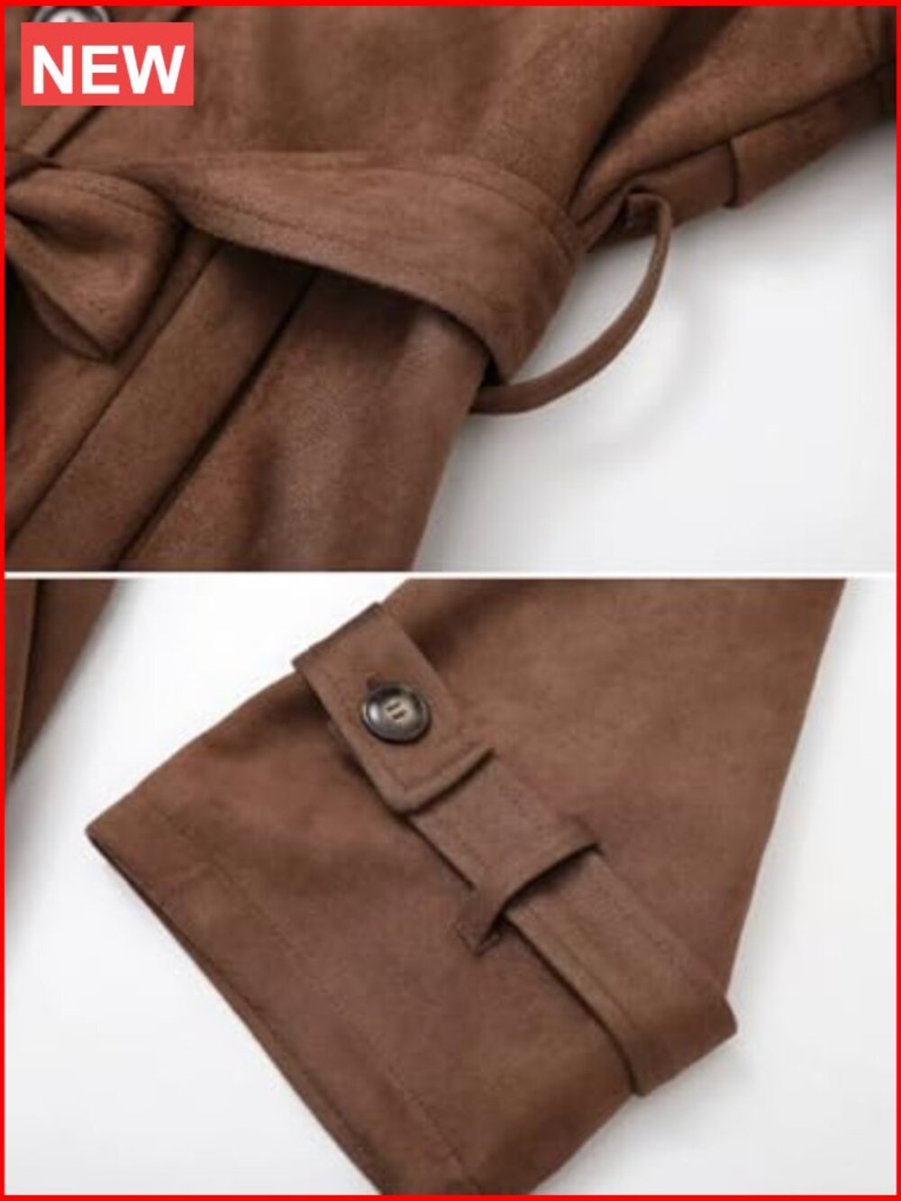 Faux Suede Open Front Long Trench Coat Notched Lapel Double Breasted Maxi - Picture 5 of 5